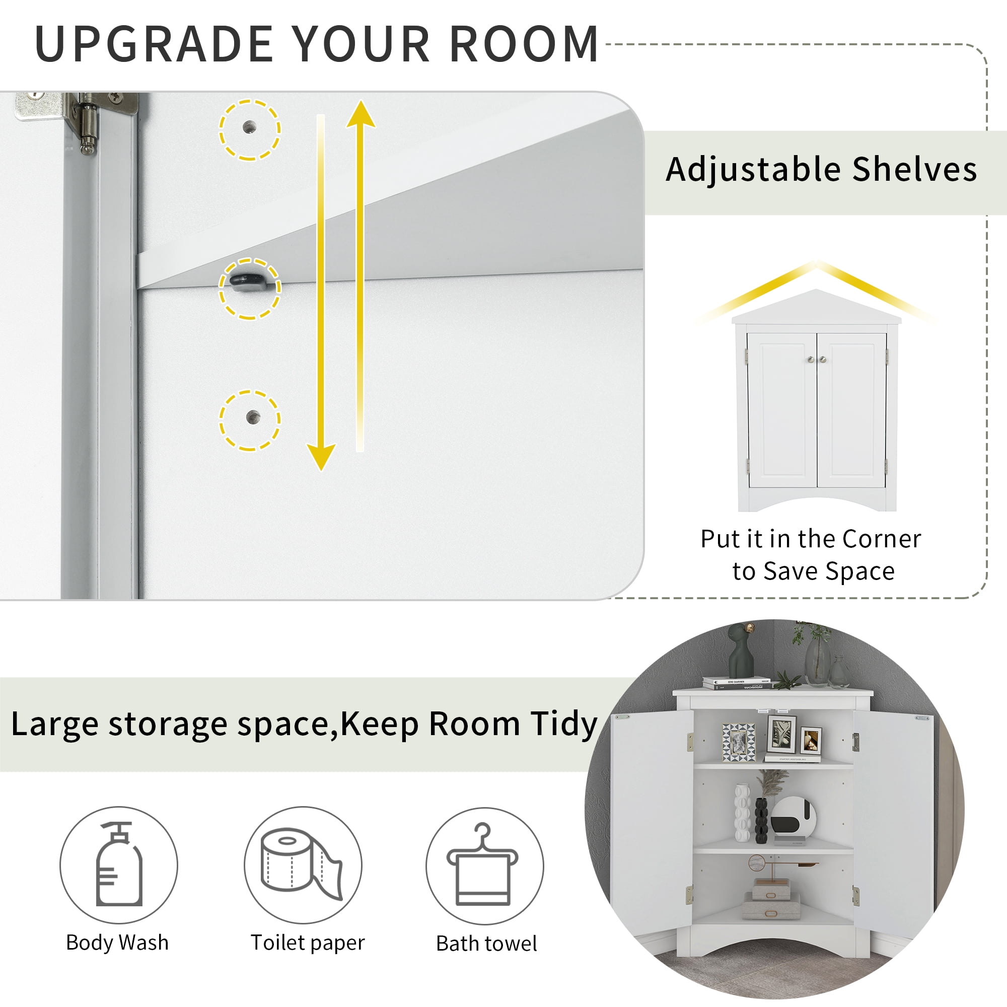 EUROCO 31.5" Triangle Bathroom Storage Cabinet, Freestanding Floor Cabinet with Adjustable Shelves, 2Doors for Home Kitchen