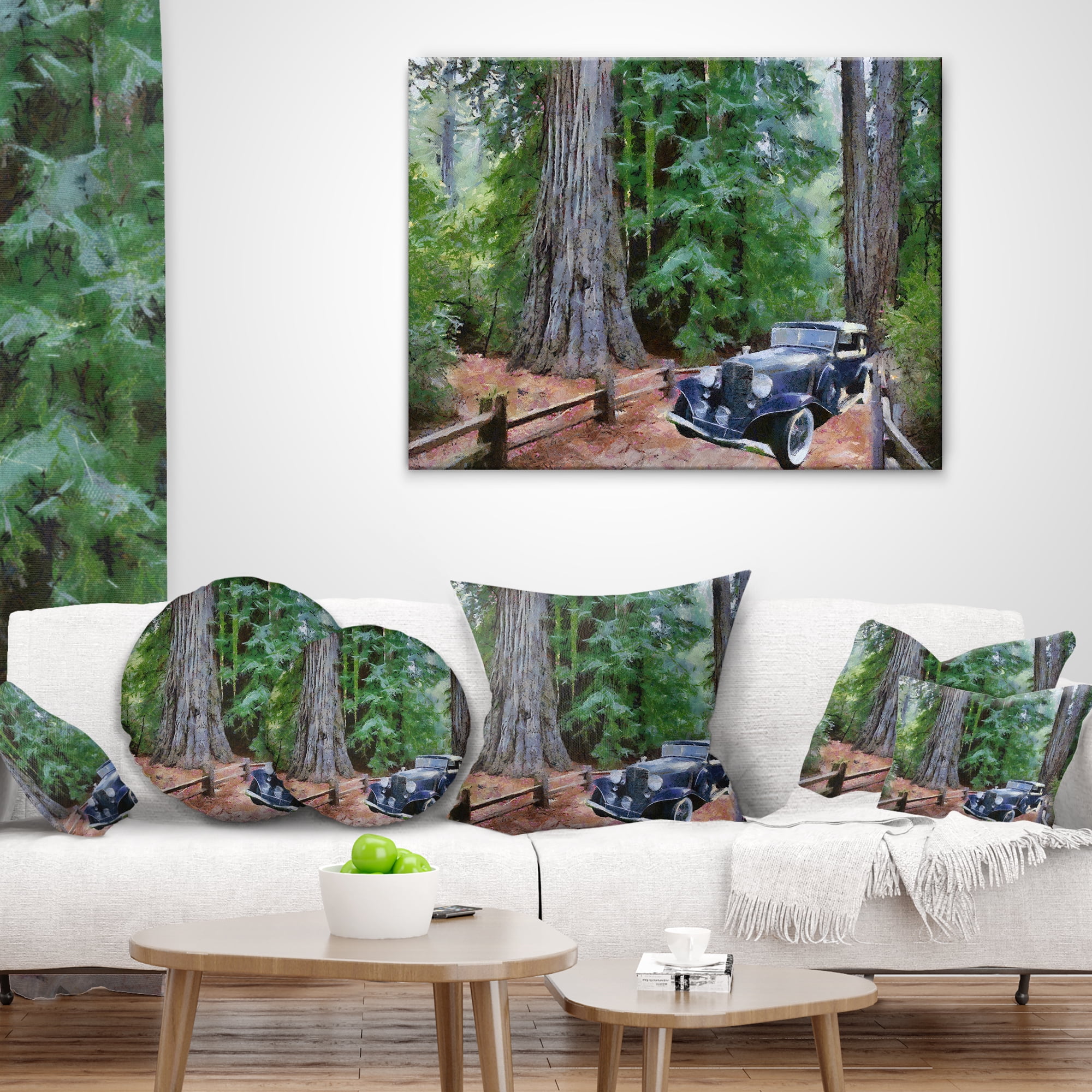 Designart Vintage Car in Forest - Landscape Painting Throw Pillow - 18x18