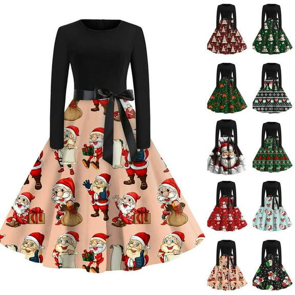 Christmas Dresses for Women Christmas Print Flare Dress For Women Long Sleeve Dress Hollow Party Casual Dresses with Snowman Print for Christmas Party,Army Green,L