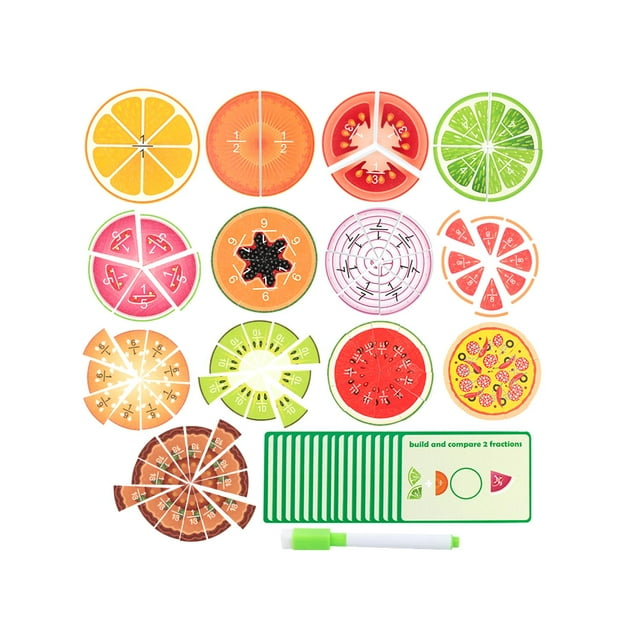 Fracciones de frutas, rompecabezas educativo de fracciones, manipuladores matemáticos, actividad de círculos de fracciones Montessori para escuela