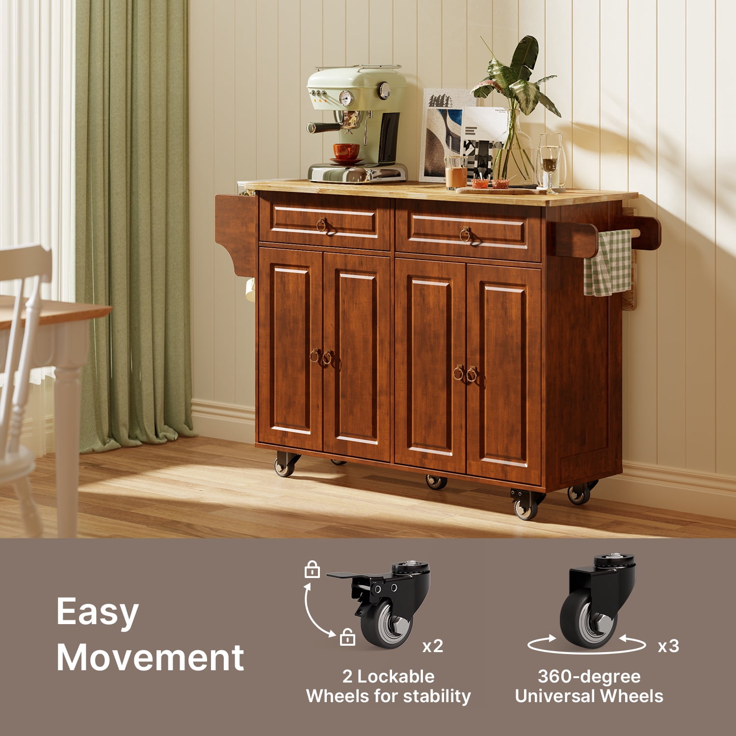 Noelse Rolling Kitchen Island Table with Storage, Drop Leaf Countertop, Kitchen Island with Rubber Wood Top, Cabinets & Rack, Brown