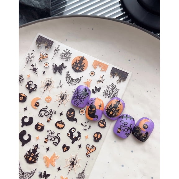 Yoyauz Halloween Nail Stickers 2PCS 3D Self-Adhesive Spider Web Bat Design, Used For Decorating Diy Nail Products For Halloween