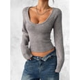 thumbnail image 5 of Women Deep V Neck Knitted Crop Sweater Top Casual Solid Slim Fit Long Sleeve Ribbed Pullover Jumper Tops Gray XL, 5 of 10