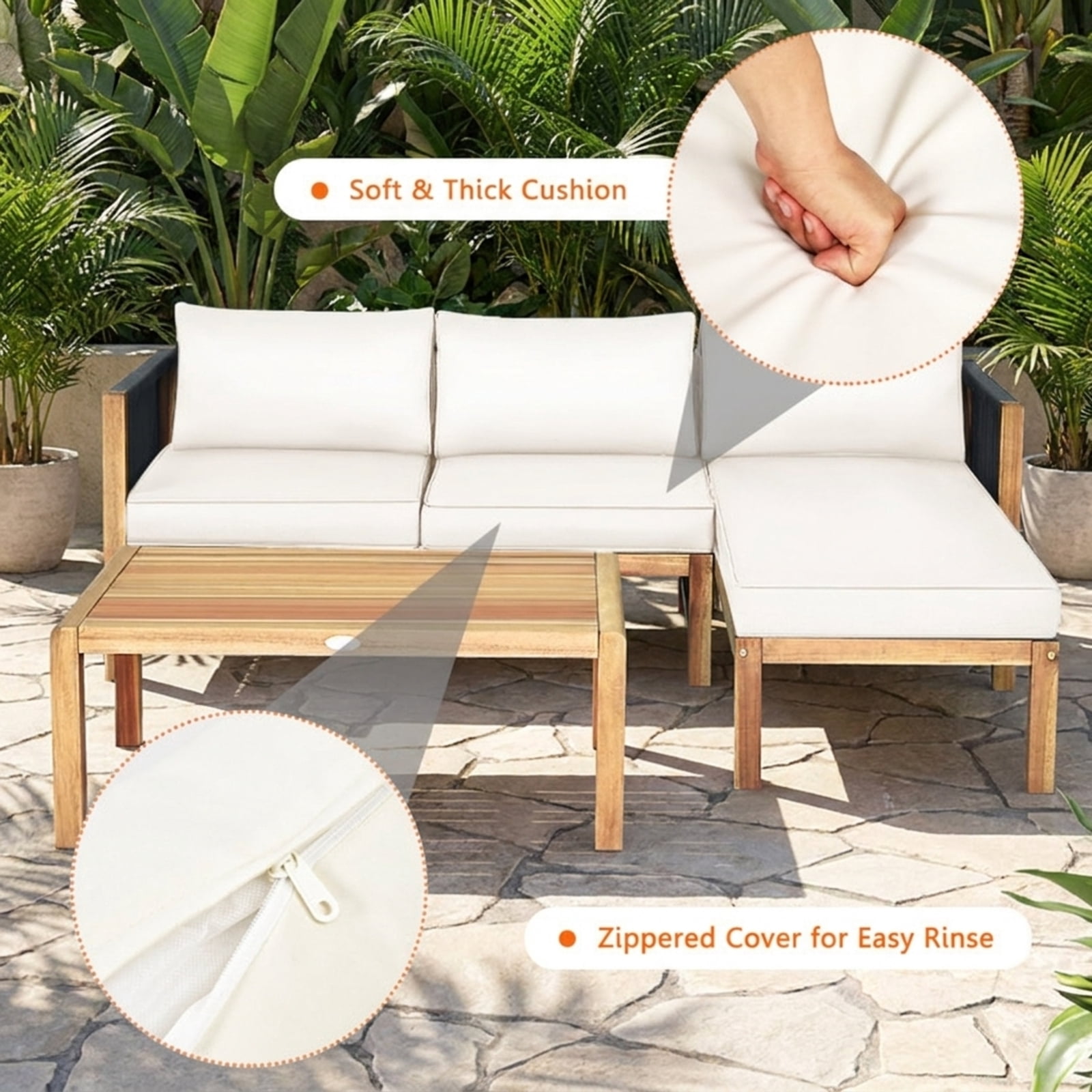 Furnibear 3 Pieces Patio Furniture Set Outdoor Acacia Wood Conversation Sofa Set with Nylon Rope Armrest and Thick Padded Cushions for Backyard Garden Deck, White