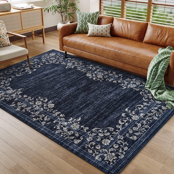 CAROMIO Washable 5' x 7' Area Rug for Living Room Border Vintage Floral Indoor Carpet Non Slip, Navy