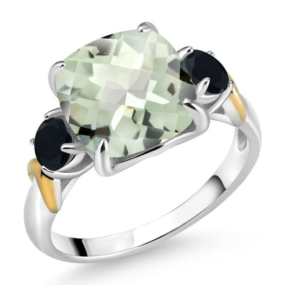 Gem Stone King 925 Silver and 10K Yellow Gold Green Prasiolite and Black Onyx 3 Stone Ring for Women (4.19 Cttw, Gemstone Birthstone, Cushion Checkerboard 10MM, Round 4MM, Size 5)
