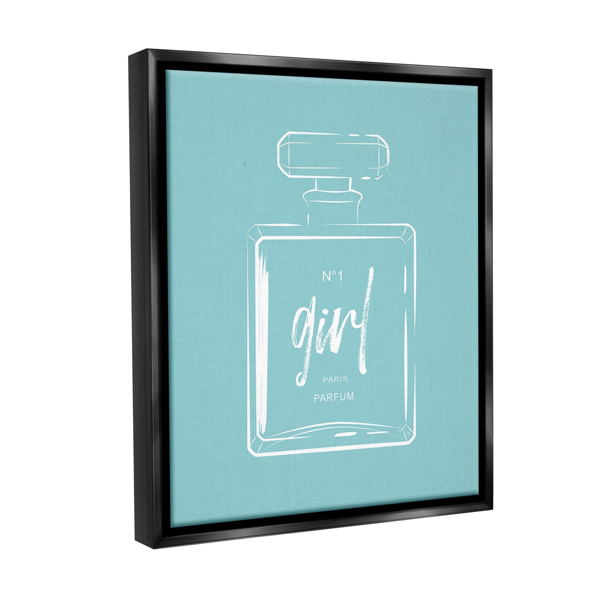 Stupell Industries Perfume Bottle on Blue Beauty & Fashion Painting Black Floater Framed Canvas Art Print Wall Art, 17 x 21