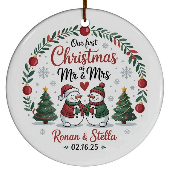 Our First Christmas As Mr & Mrs Ornament 2025, 1st Christmas Gift for Wedding Anniversary Engaged Married, Custom Name Text Choose Date Snowman Couple 2025