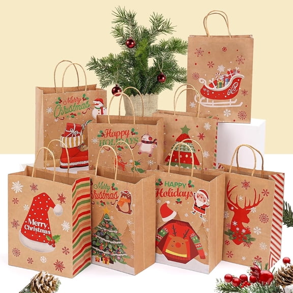 24Pcs Christmas Gift Bags with Handles – 8 Christmas Themed Designs, 3 Sizes (Large, Medium, Small) – Christmas Kraft Paper Holiday Gift Bags for Parties, Gifts & Decor