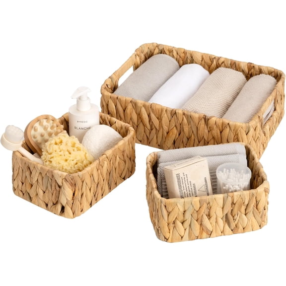 RAIRSKY Small Wicker Baskets for Shelves 3 Pack, Wicker Storage Baskets with Handles, Water Hyacinth Woven Basket for Organizing Counter, Toilet, Pantry, Living Room Storage