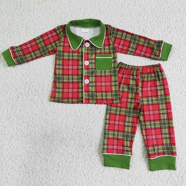 Venta al por mayor de ropa de dormir a cuadros de Navidad para niña, conjunto de manga larga con botones, pantalones con volantes, conjunto de pijamas infantiles