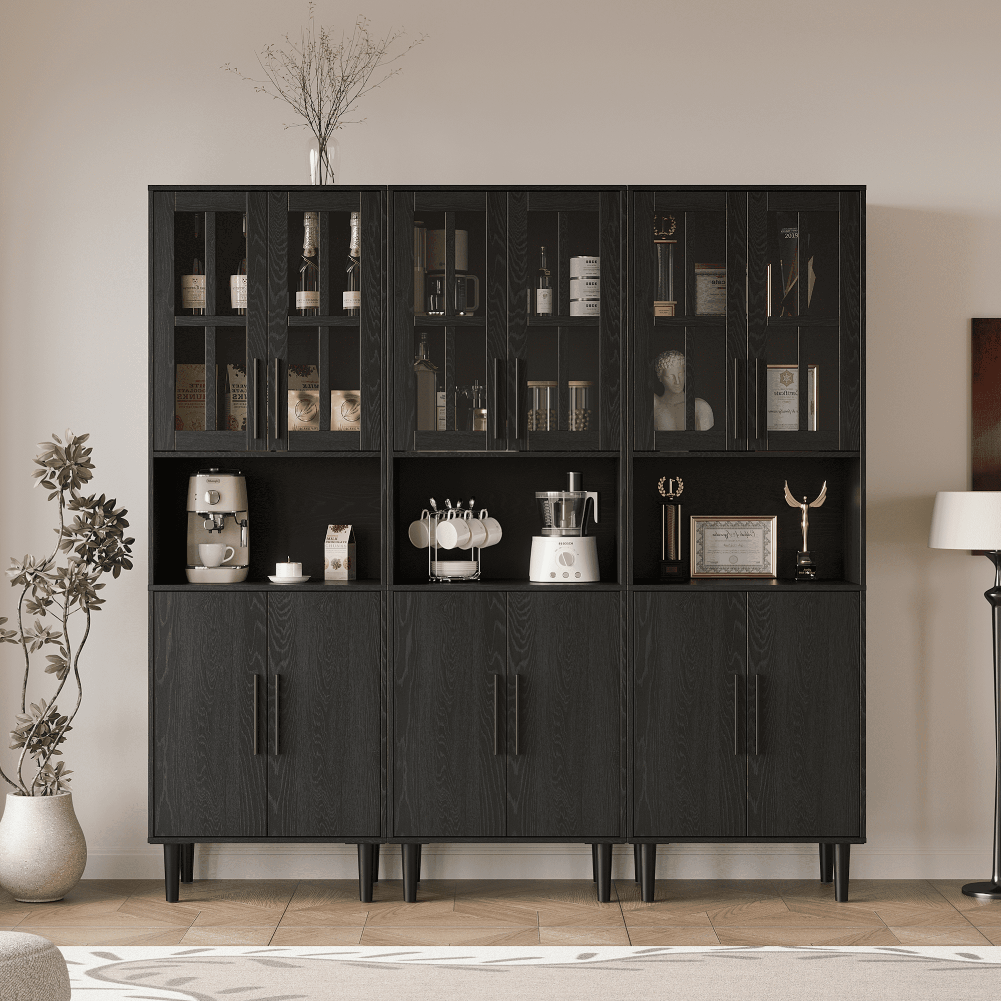 RichYa 71"H Tall Bookcase with Glass Door,4 Doors Display Bookshelf with Metal Legs,5 Tier Storage Cabinets for Living Room,Home Office,Black(C)