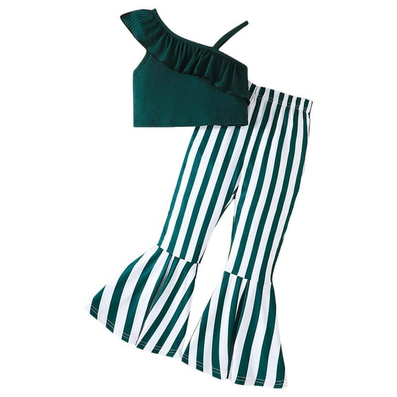 Ugoldhm Girls Summer Clothes 2 Piece Cute Off the Shoulder Top and Striped Flare-Leg Pant Kids Clothing Set Size 4-8