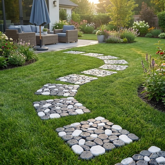 4 Pcs Interlocking Stepping Stones Outdoor for Garden, 11.8" Square Outside Pavers for Landscaping, Pebble River Stone Mat for Yard Lawn Patio Pathway Walkway, DIY Landscape Decor - Light Color