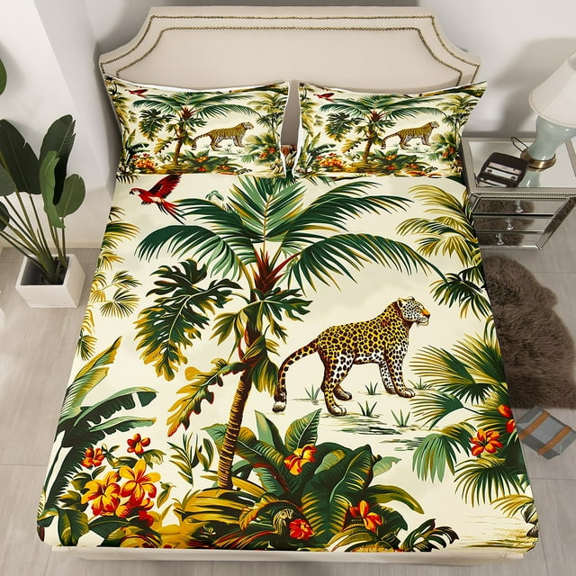 Drap-housse Léopard pour Femmes Adultes Western Farmhouse Beddig Format Double 3D Animal Sauvage Imprimé Léopard Ensemble de Lit Rustique Style Ferme Couette Insert Feuilles de Palmier Vertes Ensemble de Literie Imprimé