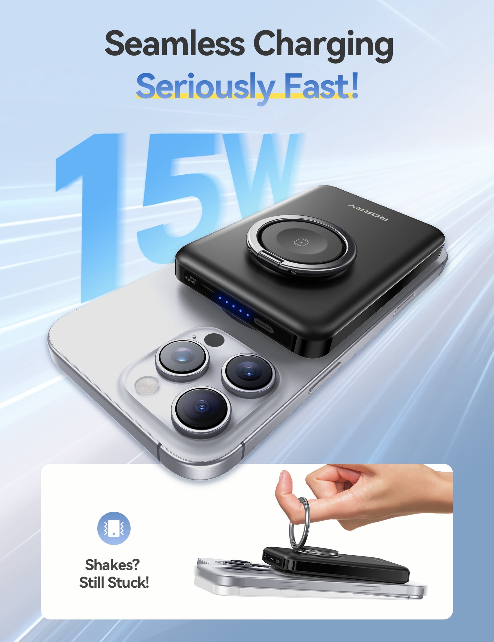 RORRY Magnetic Power Bank for iPhone & Apple Watch, 10000mAh Magsafe Portable Charger with Ring Stand, Fast Wireless Charging, for iPhone 16/15/14/13/12, Apple Watch Ultra/10/9/8/7/6, Black