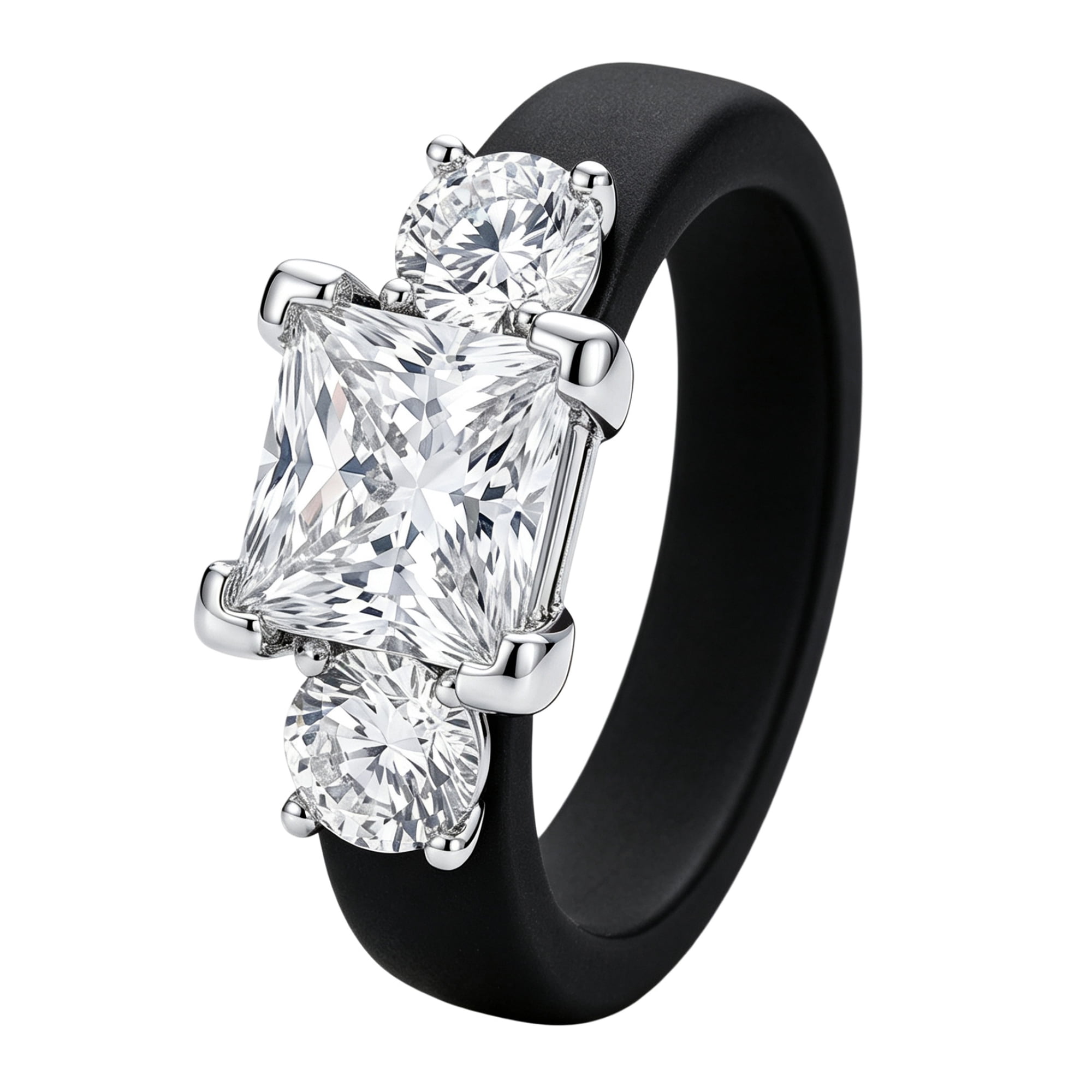 Flydeer Silicone Rings for Women 3 Stones Princess Round Cut Engagement Rings Promise 5A CZ Wedding Ring Black Jewelry for Her Size 7