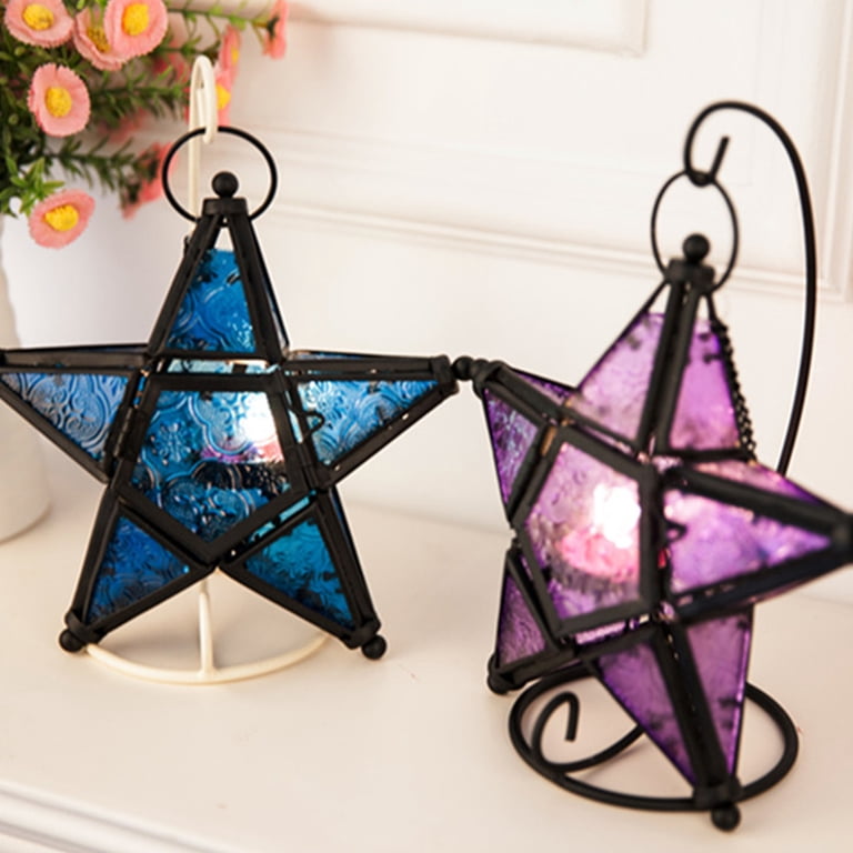 Moroccan Style Star Hanging Glass Lantern - Tea Light Holder, Multi-Colored, Antique Finish