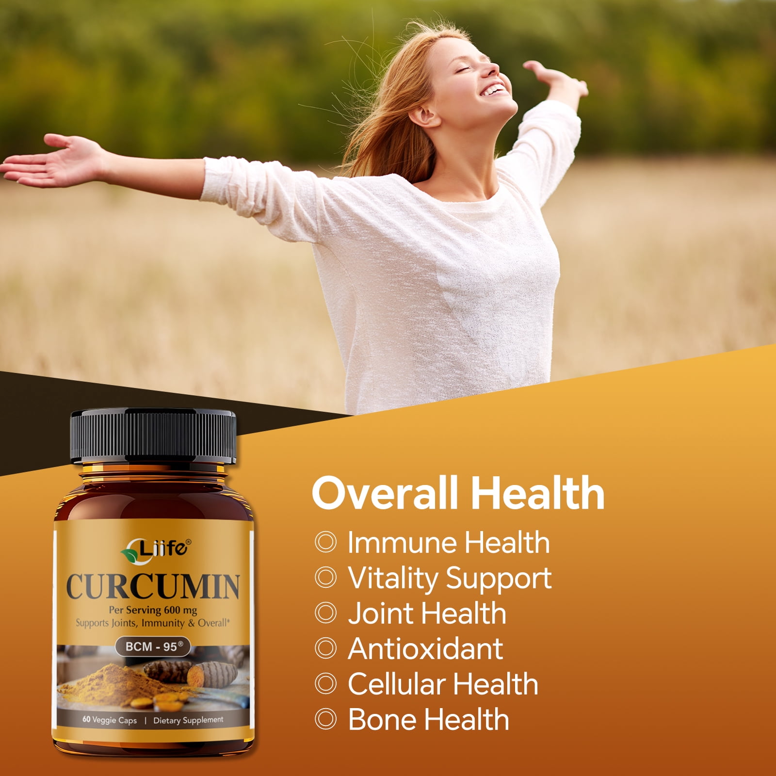 Turmeric Curcumin Supplement BCM-95® Curcuminoids- 600mg Organic Turmeric with Vitamin D3 Per Serving High Absorption-Non-GMO Tumeric Capsules for Joint Support, Bottled in USA - 60 Capsules
