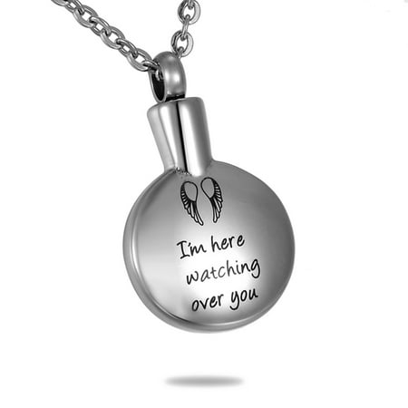 Angel Wing "I'm Here Watching over You" Silver Round Cremation Jewelry Keepsake Memorial Urn Ashes Necklace Unisex