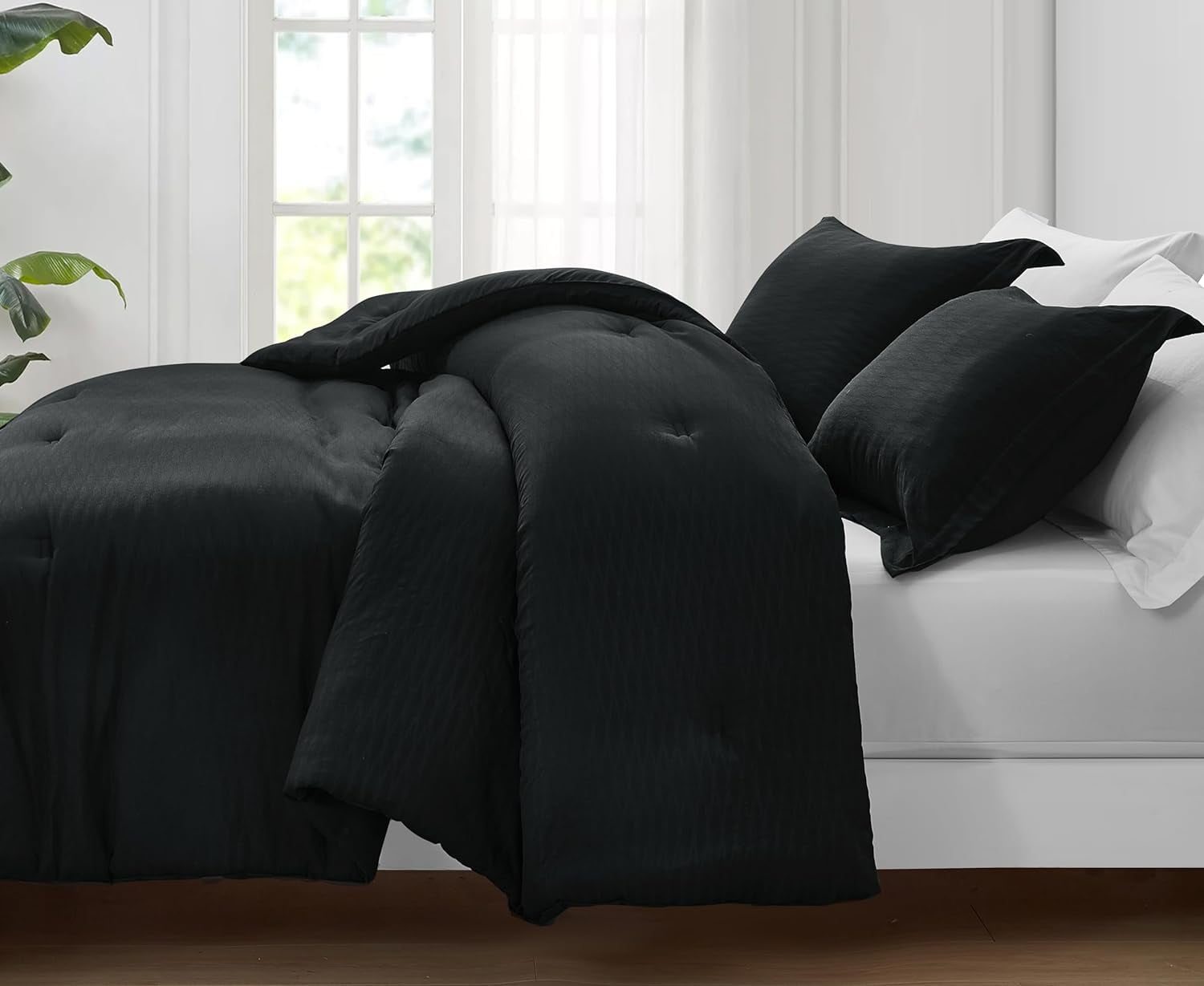 Chezmoi Collection Calvin 3-Piece Jacquard Comforter Set Full Size, Black Textured Woven Lightweight Comforter Bedding for All Season