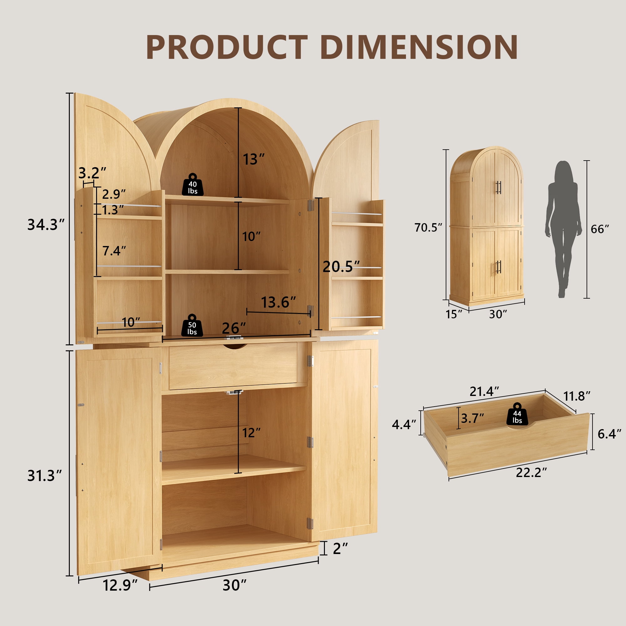 Virans 71" Tall Arched Kitchen Pantry Storage Cabinet,6-Tier Large Storage Cabinet with 2 Doors,Adjustable Shelves & Drawer for Living Room,Dining Room,Kitchen,Natural