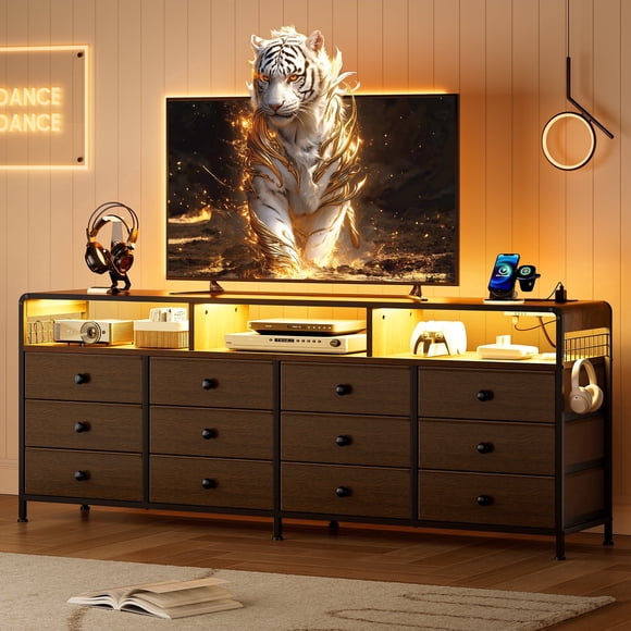 GUNAITO TV Stand for TVs up to 75", Big TV Stand with 12 Fabric Drawers and LED Lights, Entertainment Centre with Storage and Shelves for Living Room, Dark Brown