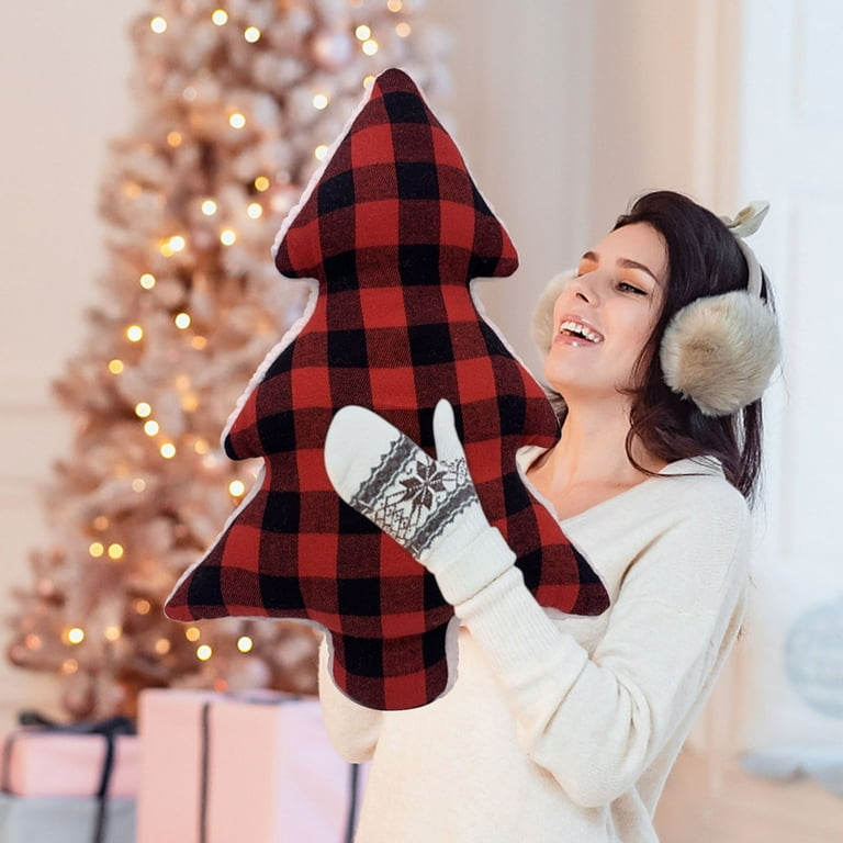 Holloyiver Christmas Tree Pillows Christmas Throw Pillows Buffalo Grid Stuffed Tree Shaped Pillow Cute Soft Xmas Tree Throw Pillow Decorative Spooky