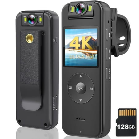 Prociv 128GB Body Camera 4K 30FPS UHD Recording 1.4 in Screen Recorder Night Vision Lighting 6HR Battery Life Wearable Camcorder for Outdoor Riding Home Sports Pet Records Security Travel Records