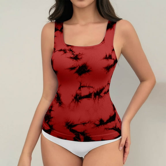 BLTIBY Women's Shapewear Tank Top Shaping U Neck Camisole Tops Tummy Control Printed Vest Seamless Slimming Sleeveless Shaper Red XXL