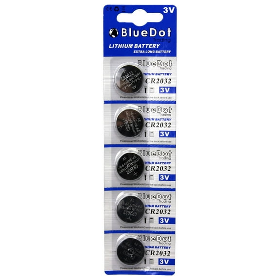 BlueDot Trading CR2032 (also known as CR5004LC) Lithium Manganese Dioxide (Li-MnO2) Button Coin Cell Batteries - 5 Pack