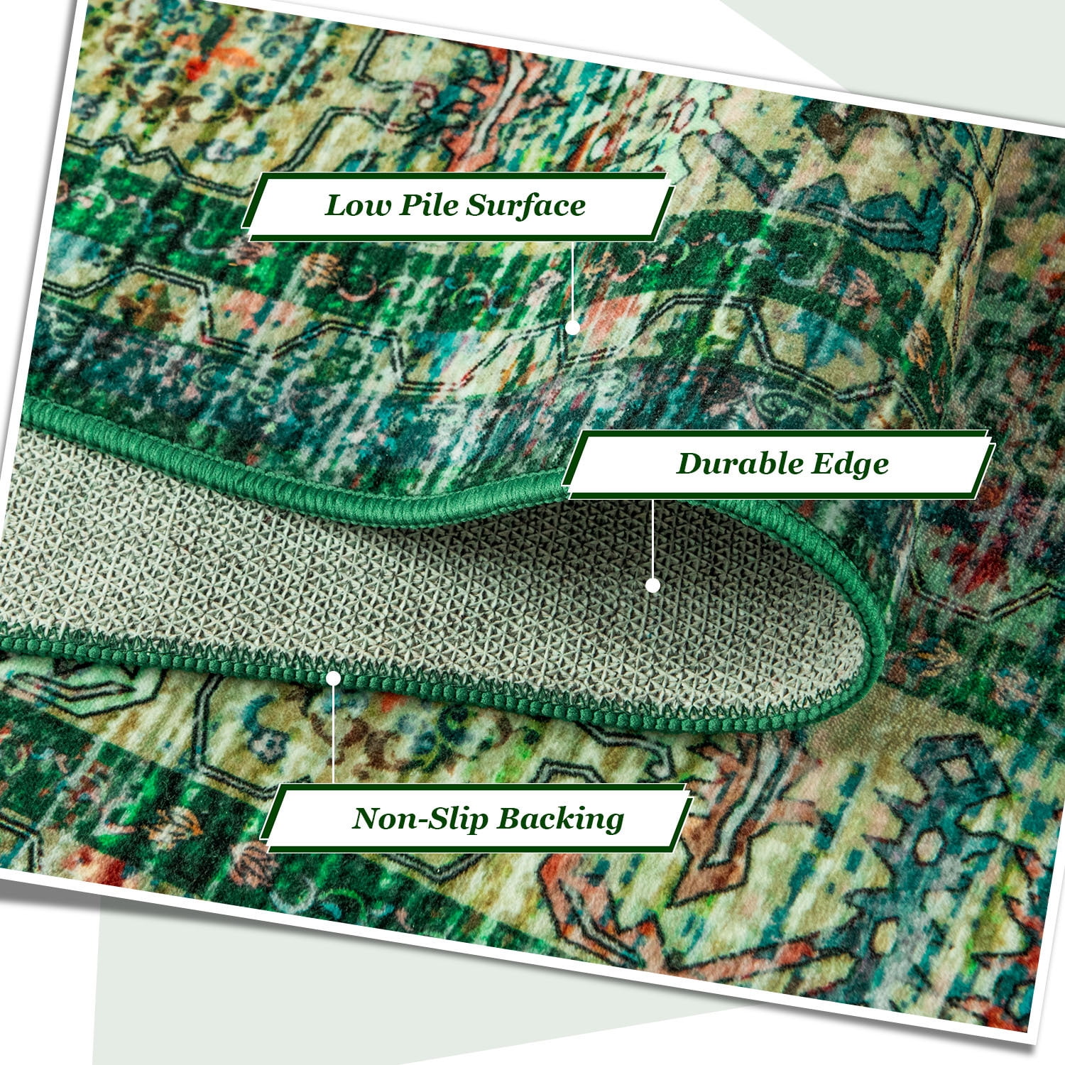 Wondo Floral Washable Rugs, 4x6 Area Rug for Living Room, Soft Large Boho Bedroom Rug, Botanical Non Slip Ultra Thin Floor Carpet for Dining Room Nursery Office, Green