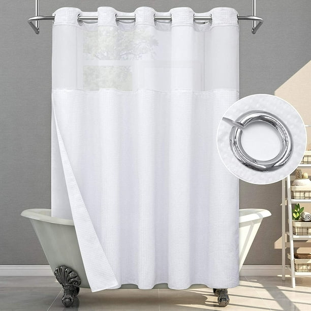 HTOOQ No Hook Shower Curtain with Snap in Liner White Waffle Fabric Hotel  Luxury Modern Farmhouse HTOOQ Double Layer Heavy Textured Mesh Top Window Shower  Curtains Set 71 x 74 