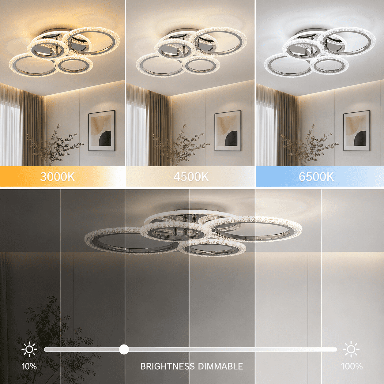 Garwarm Chrome 6-Ring LED Ceiling Light, Modern Dimmable 3000K-6500K Flush Mount Ceiling Light with Remote, Acrylic Ring Ceiling Lamp Fixture for Living Room, Dining Room, Bedroom