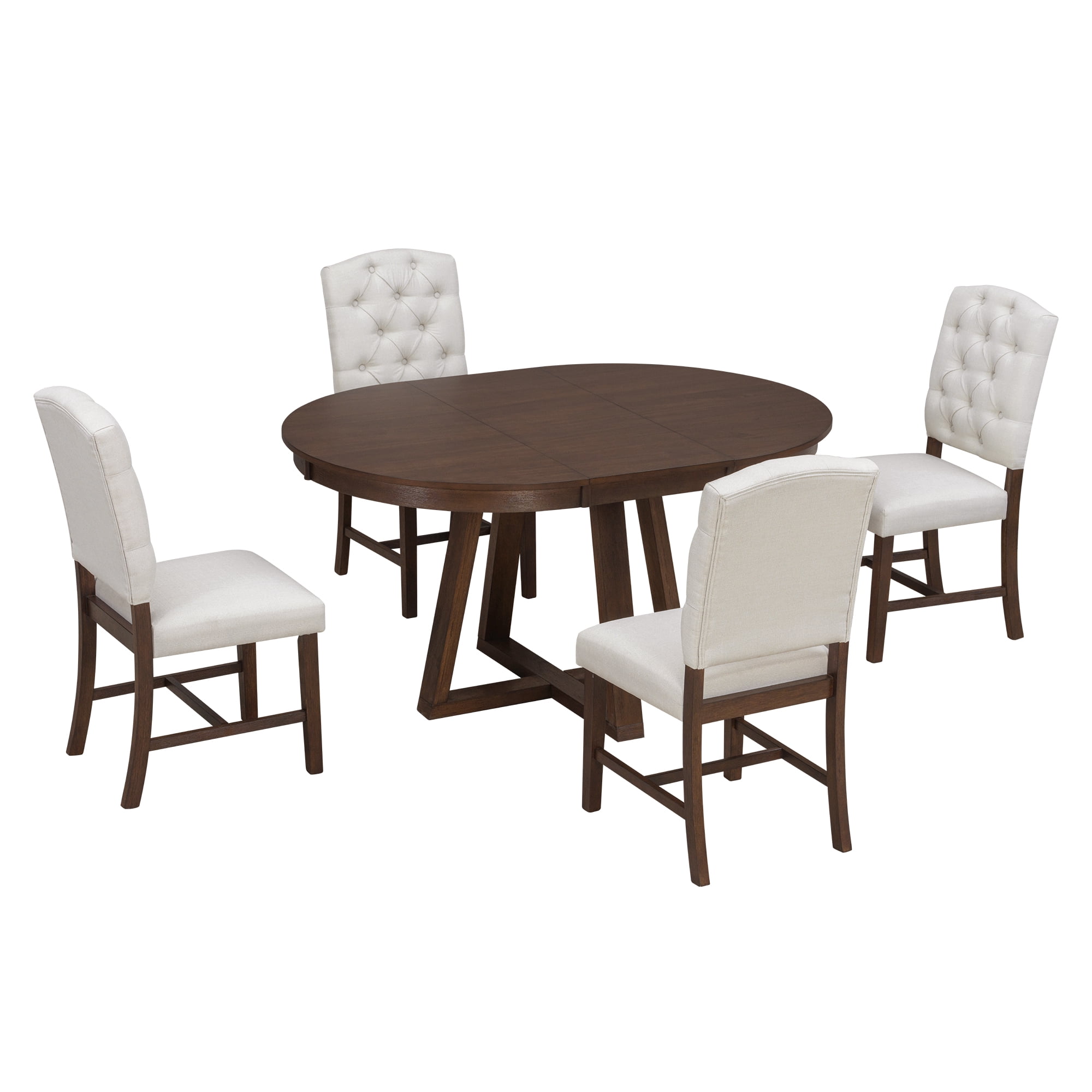 Aukfa 5-Piece Extendable Dining Table Set with 4 Upholstered Chairs, 42"-58" Round Kitchen Table & Tufted Chairs, Walnut