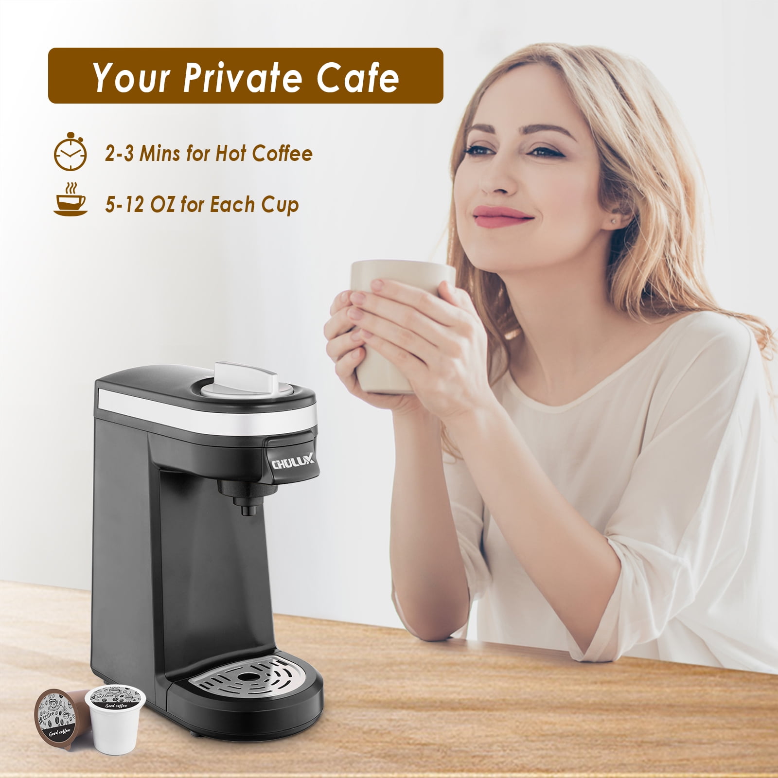 CHULUX Small Coffee Maker Single Serve, Travel One Cup Pod Coffee Maker for  K Cup & Ground Coffee, Coffee Machine with 5 to 12oz Brew Sizes, Black 