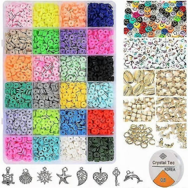 3000pcs Clay Beads For Jewelry Making Kit,24 Colors Spacer Heishi Beads Flat Round Polymer Clay Beads With Letter Beads Smil