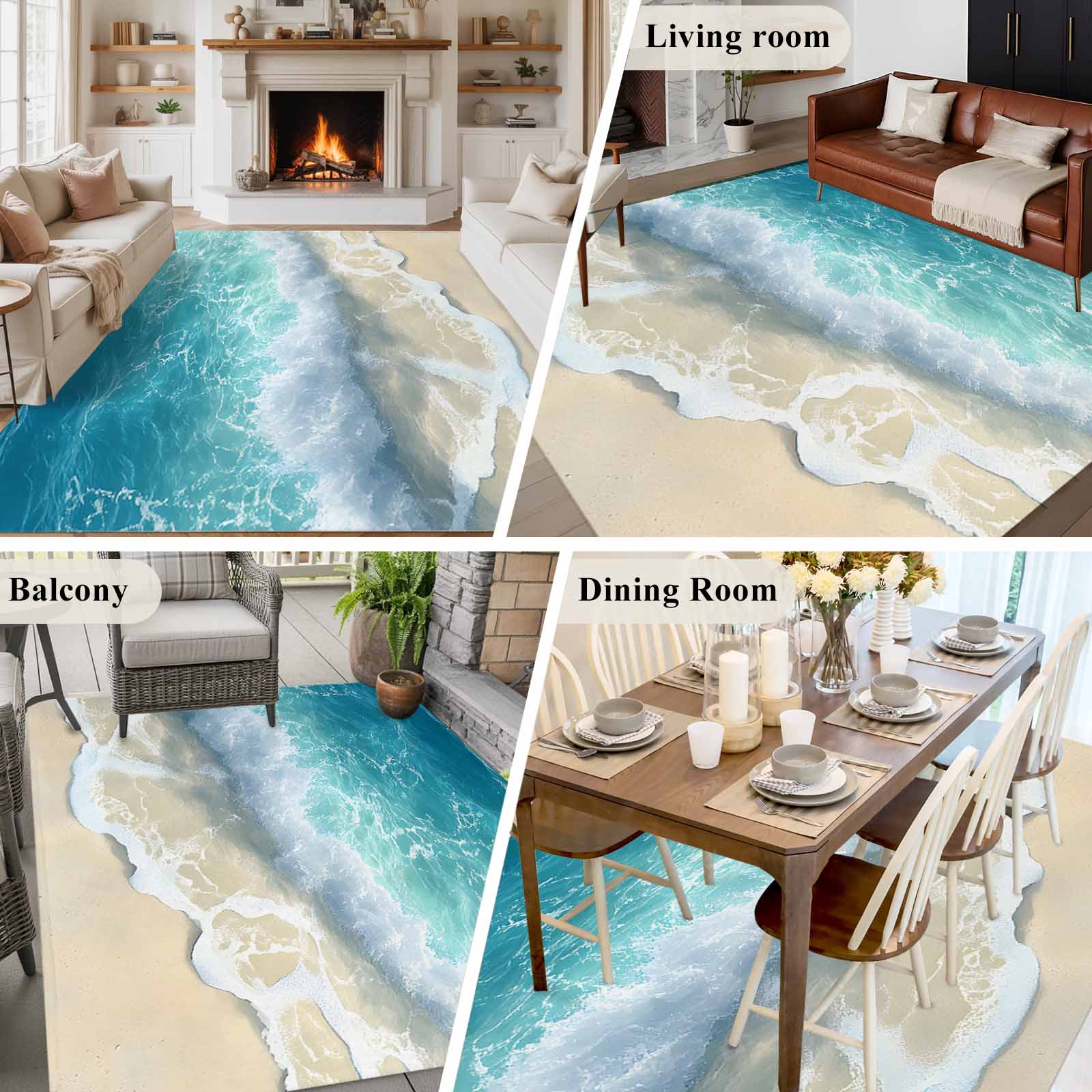 Summer Beach Coastal Area Rugs 5x8 for Living Room, Watercolor Seaside Waves Ocean Non Slip Washable Rug Runner, Low Pile Indoor Floor Carpet Mat Bathroom Rugs for Bedroom, Kids Room