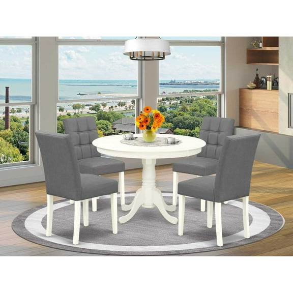 Modern 5 Piece Round Dining Set - Kitchen Table with 4 Chairs - Linen White & Gray