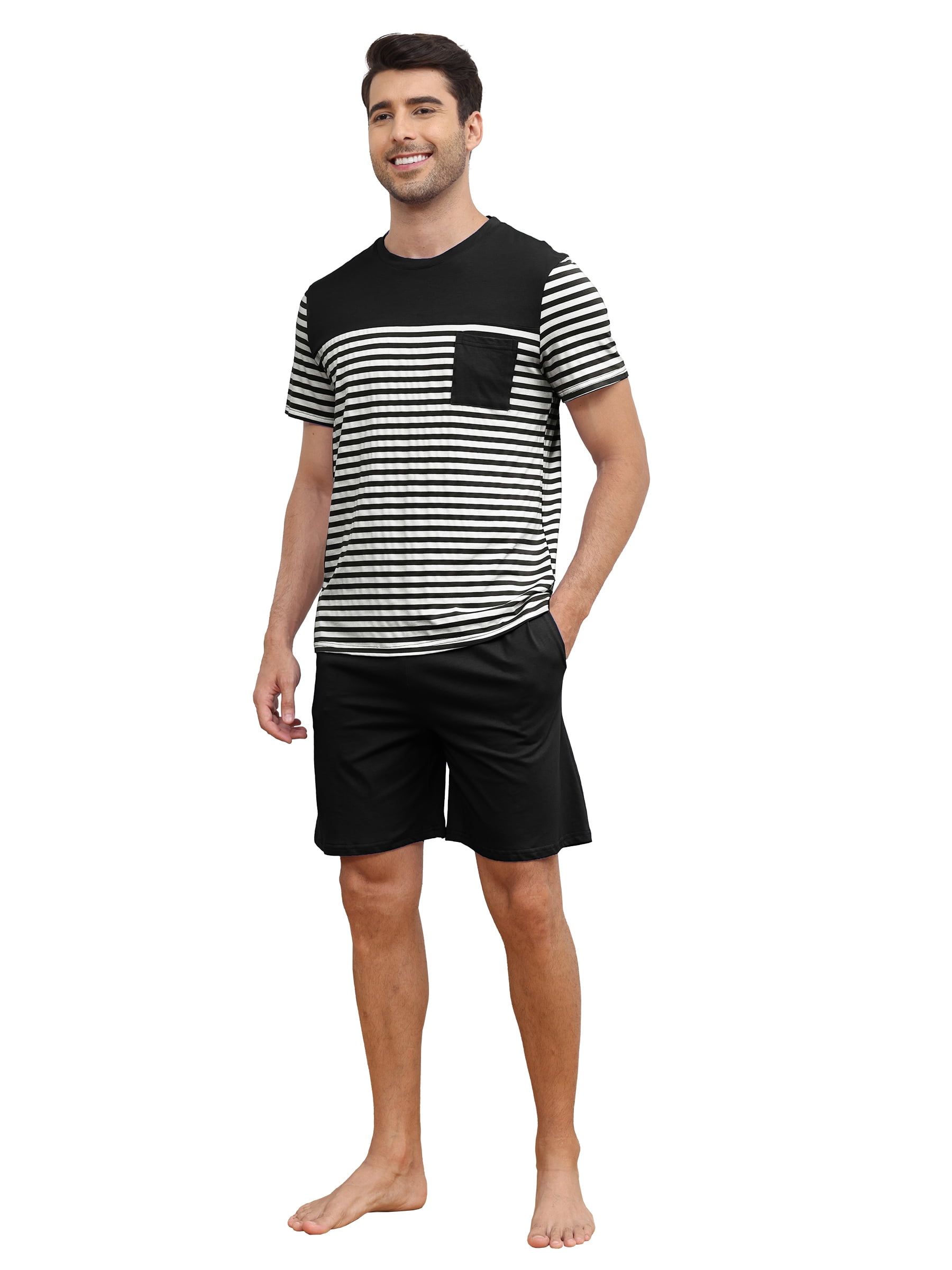 Men's Short Sleeve Pajama Sets 2 Pieces Men Cotton Pajamas Sets with Shorts Men Summer Sleepwear Set with Pockets, S-XXL
