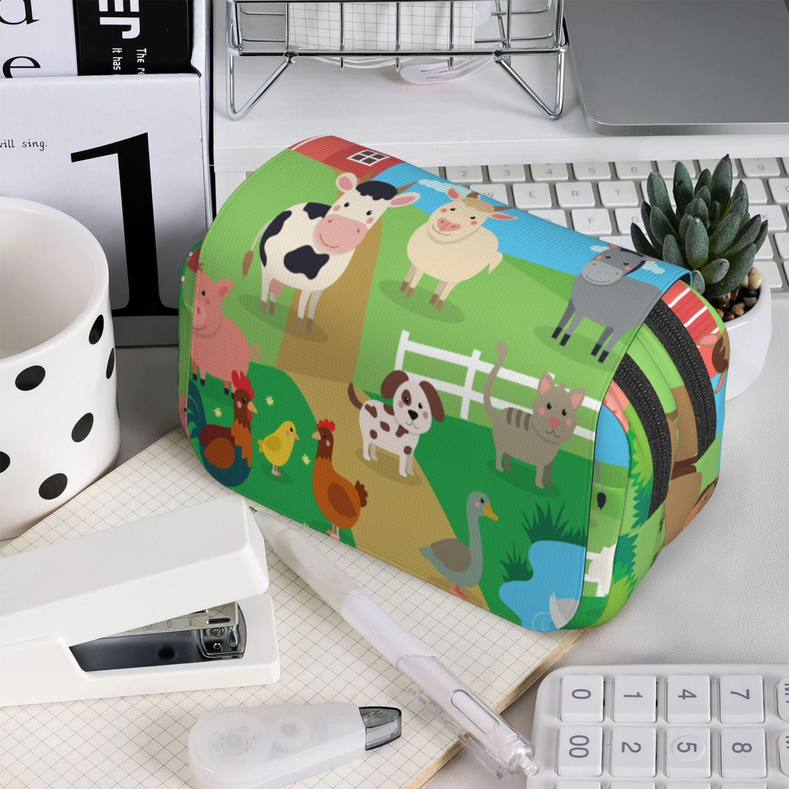 Rateoe Farm Animals Pattern Double Clamshell Pen Case, Storage Organizer with Two Zipper Compartments– Holds Up to 50 Pencils & Pens