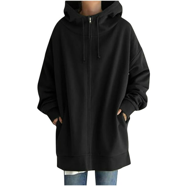 Sudadera Con Capucha de Color Sólido Para Mujer Sudaderas de Manga Larga Con Cremallera Bolsillos Abrigo Largo Tops Odeerbi ODB-6