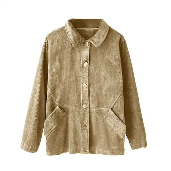Qetyuw Womens Corduroy Jacket Plus Size Long Sleeve Jackets Button Down Lapel Lightweight Casual Coat