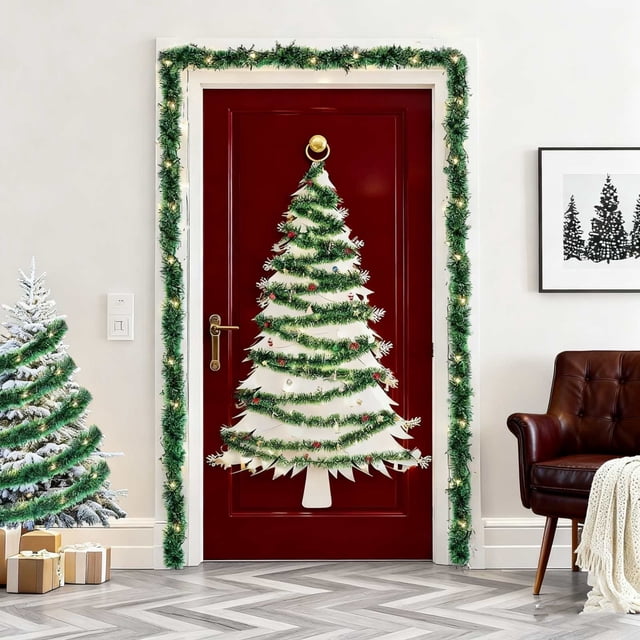 HaoXun 10m Christmas Decorative Ribbon with Battery-Operated String Lights - Green Snowflake Fringe and Red-Green Color Block for Holiday Home Decor