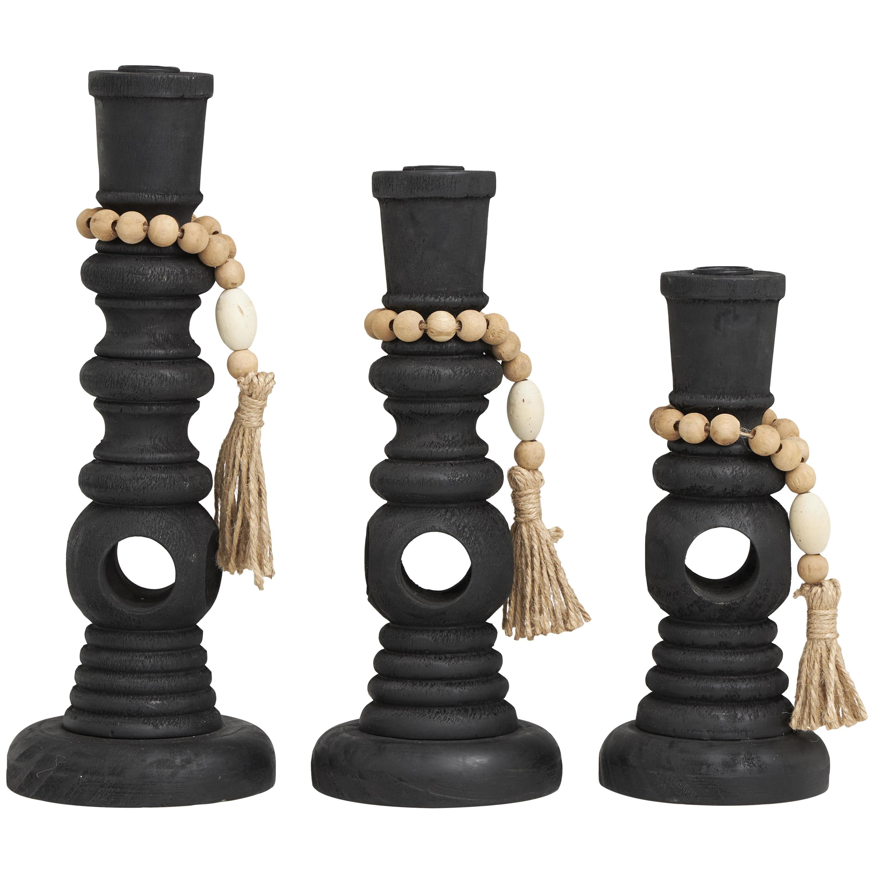 DecMode 3 Candle Black Wood Handmade Textured Matte Candle Holder with Beaded Garland Accent, Set of 3