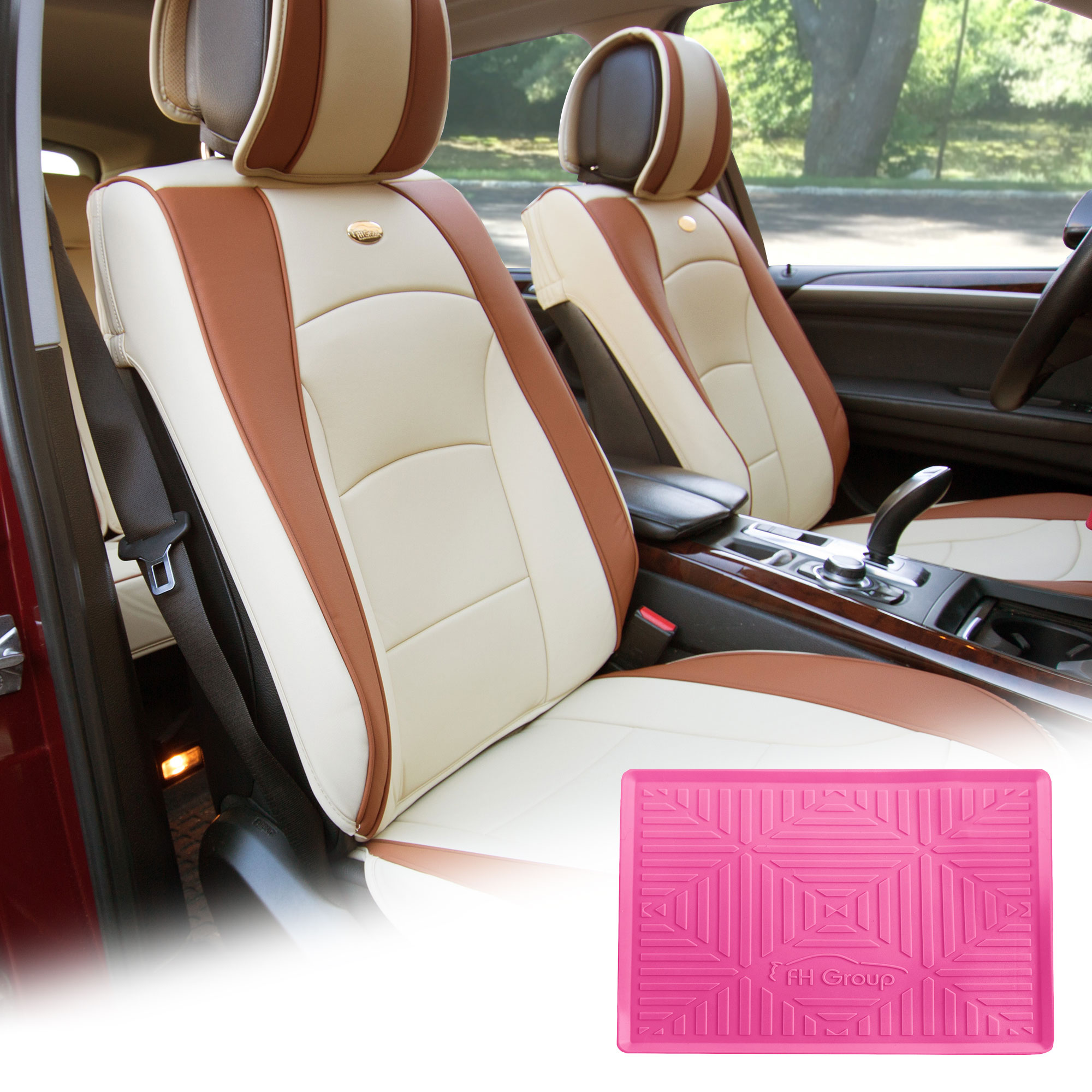 FH Group Beige Leatherette Front Bucket Seat Cushion Covers for Auto