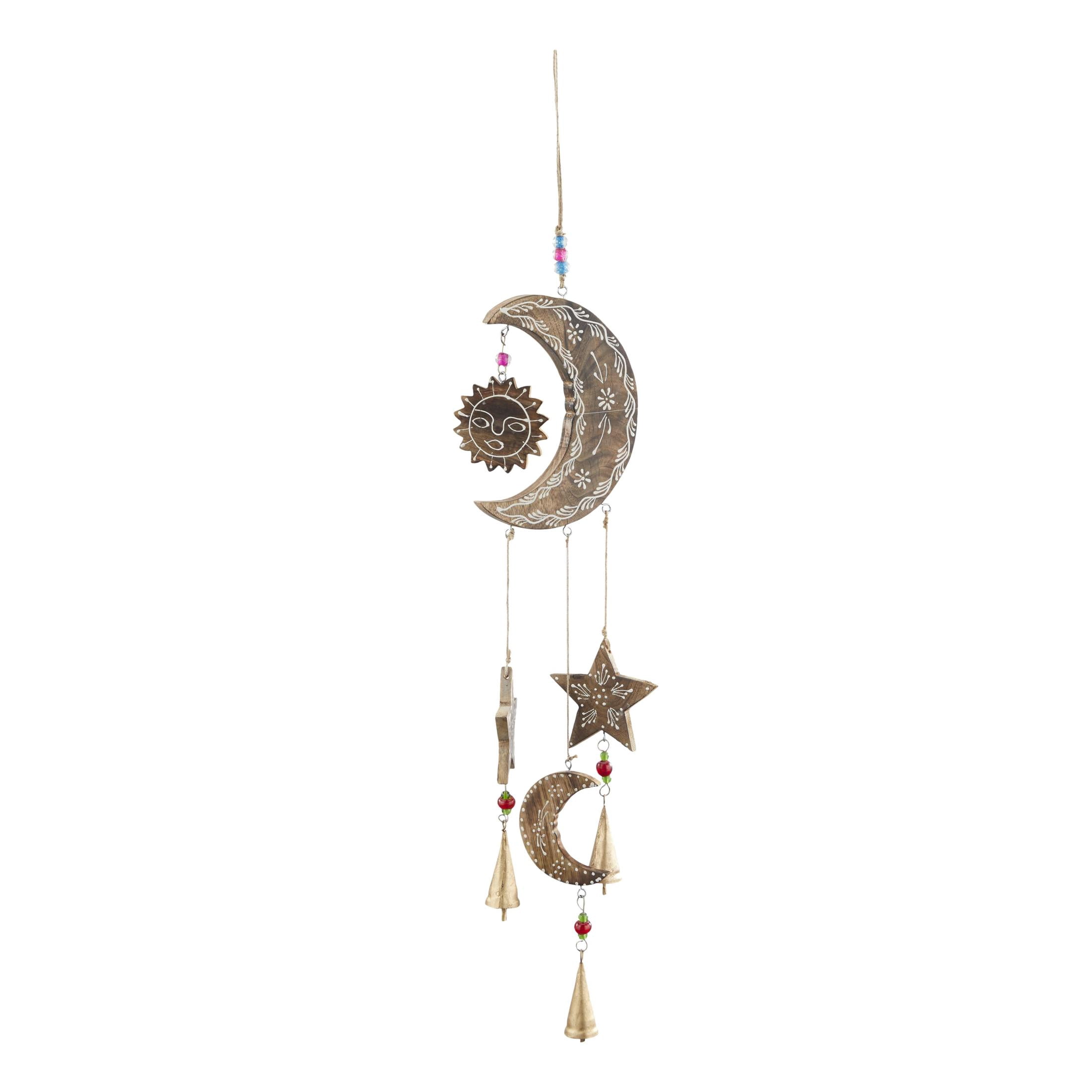 DecMode 34" Gold Mango Wood Handmade Sun and Moon Windchime with Glass Beads and Cone Bells