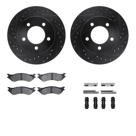 Dynamic Friction Company Front Brake Rotors-Drilled and Slotted-Black with 5000 Advanced Brake Pads includes Hardware 8512-54120