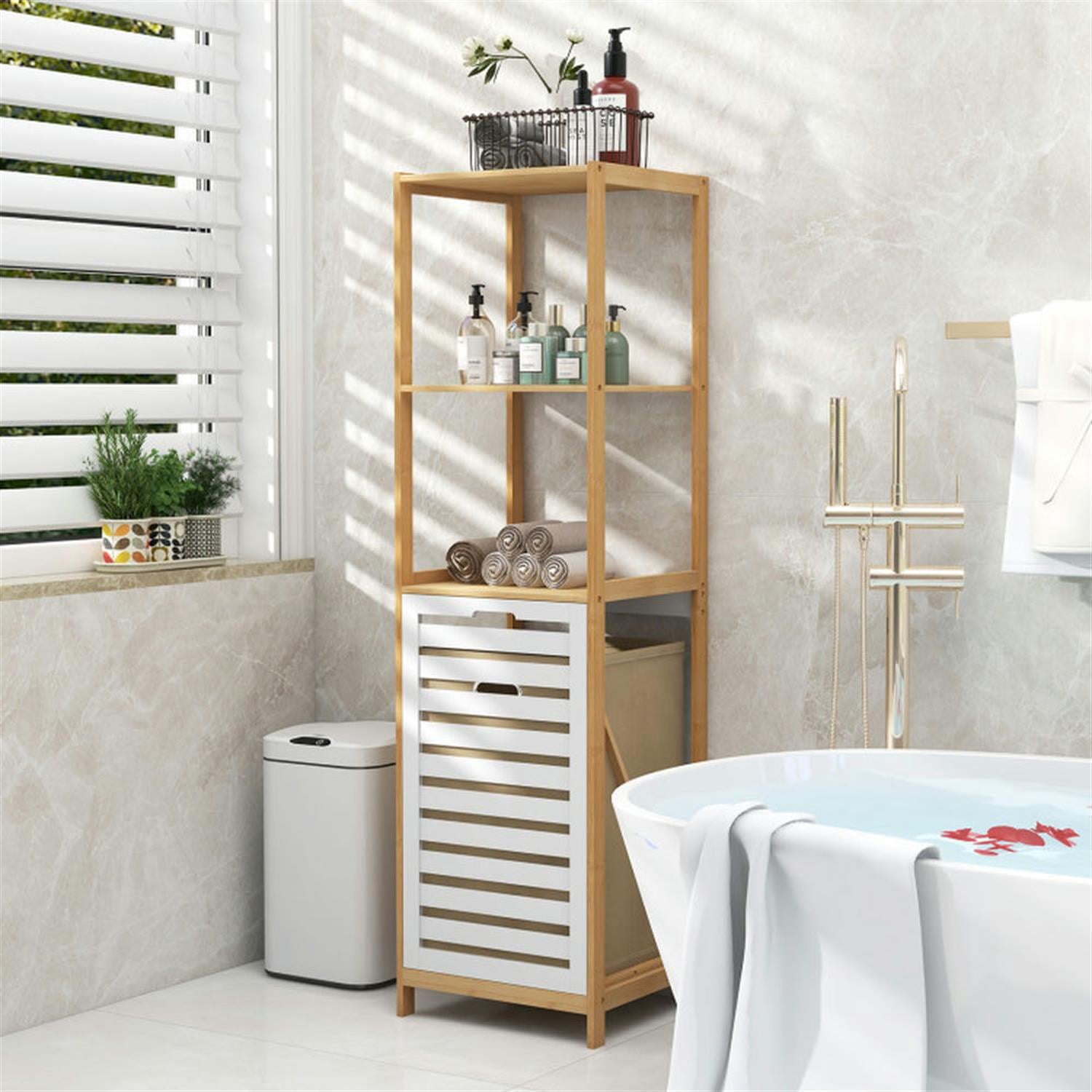 Demi Bonn 4-Tier Bamboo Storage Shelves, Bathroom Storage Shelf with Laundry Hamper, Freestanding Bathroom Cabinet for Living Room/Hallway, Beige