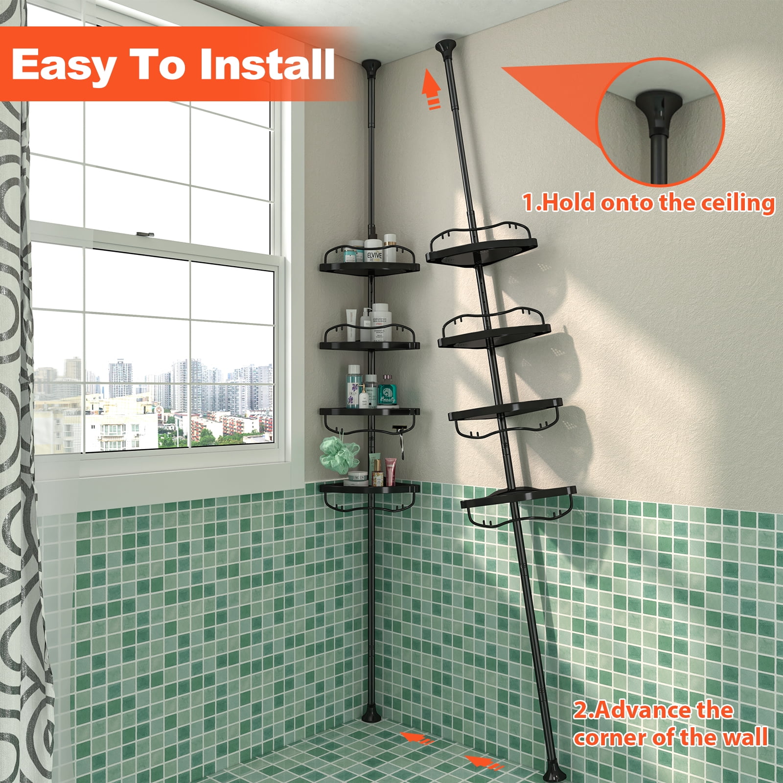 Shower Caddy Corner,39-125in Adjustable Tension Pole Shower Organizer for  Bathroom,Rustproof Bathtub Storage Holder with 4 ABS Plastic Shelves for